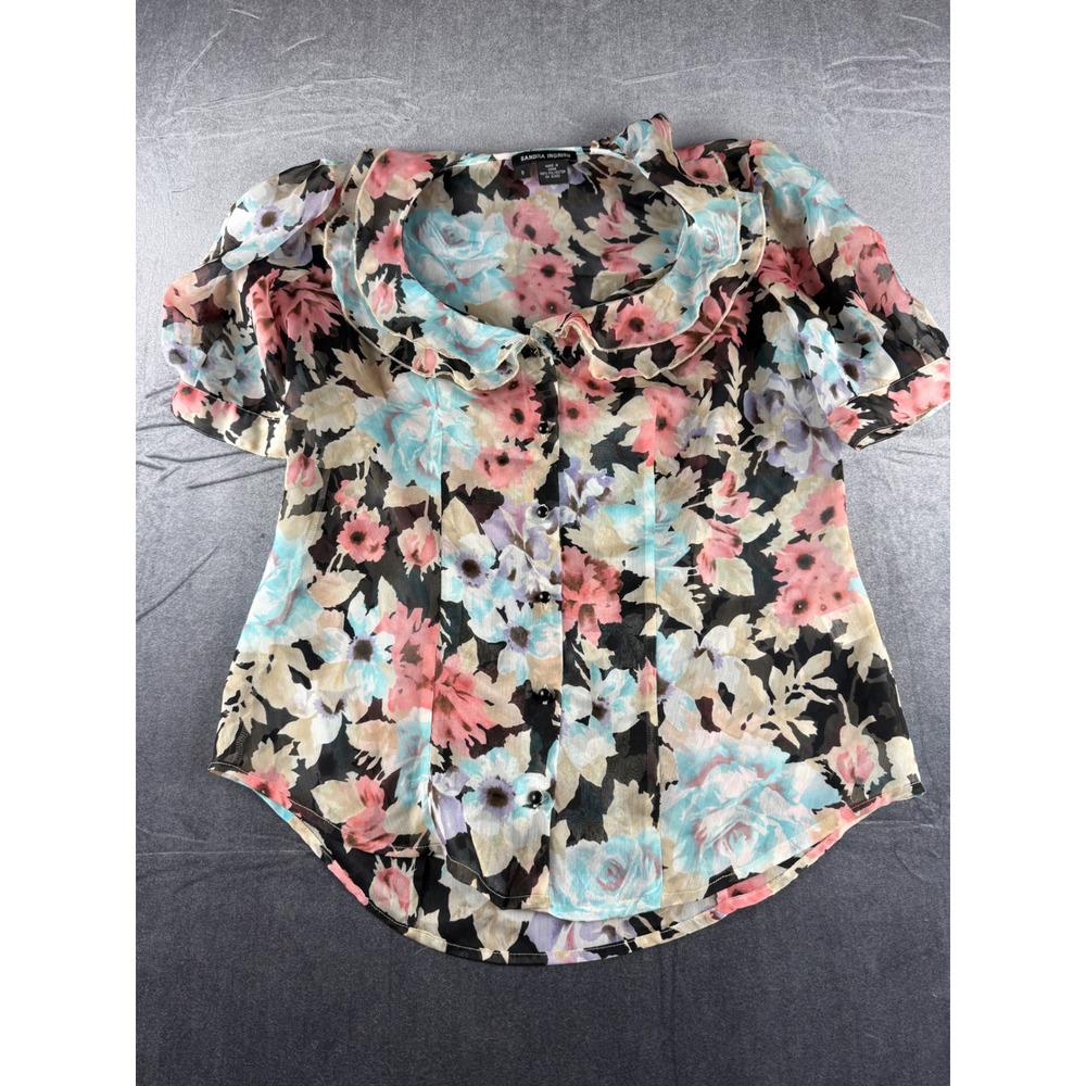Sandra Ingrish Floral Sheer Chiffon Ruffle Collar Pink Blue Black 1993-24 S